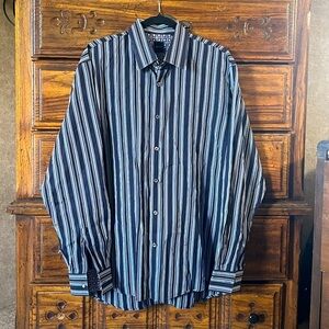 Hugo Boss Navy and Light Blue Striped Men's Shirt